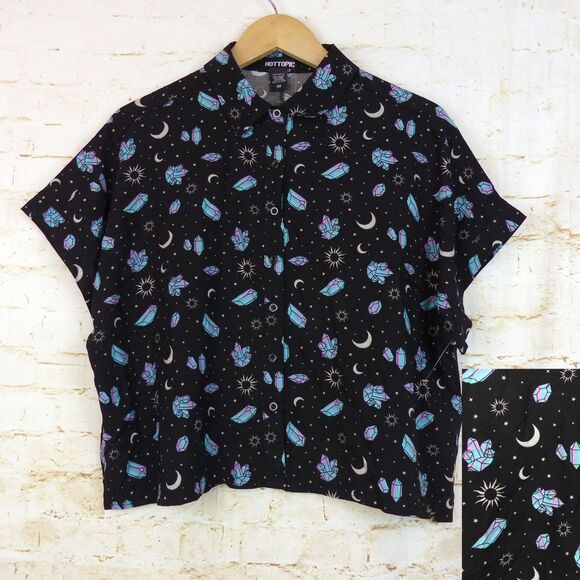 Hot Topic Shirt Womens M Black Pastel Crystals Celestial Crop Button Up Goth - Picture 3 of 13